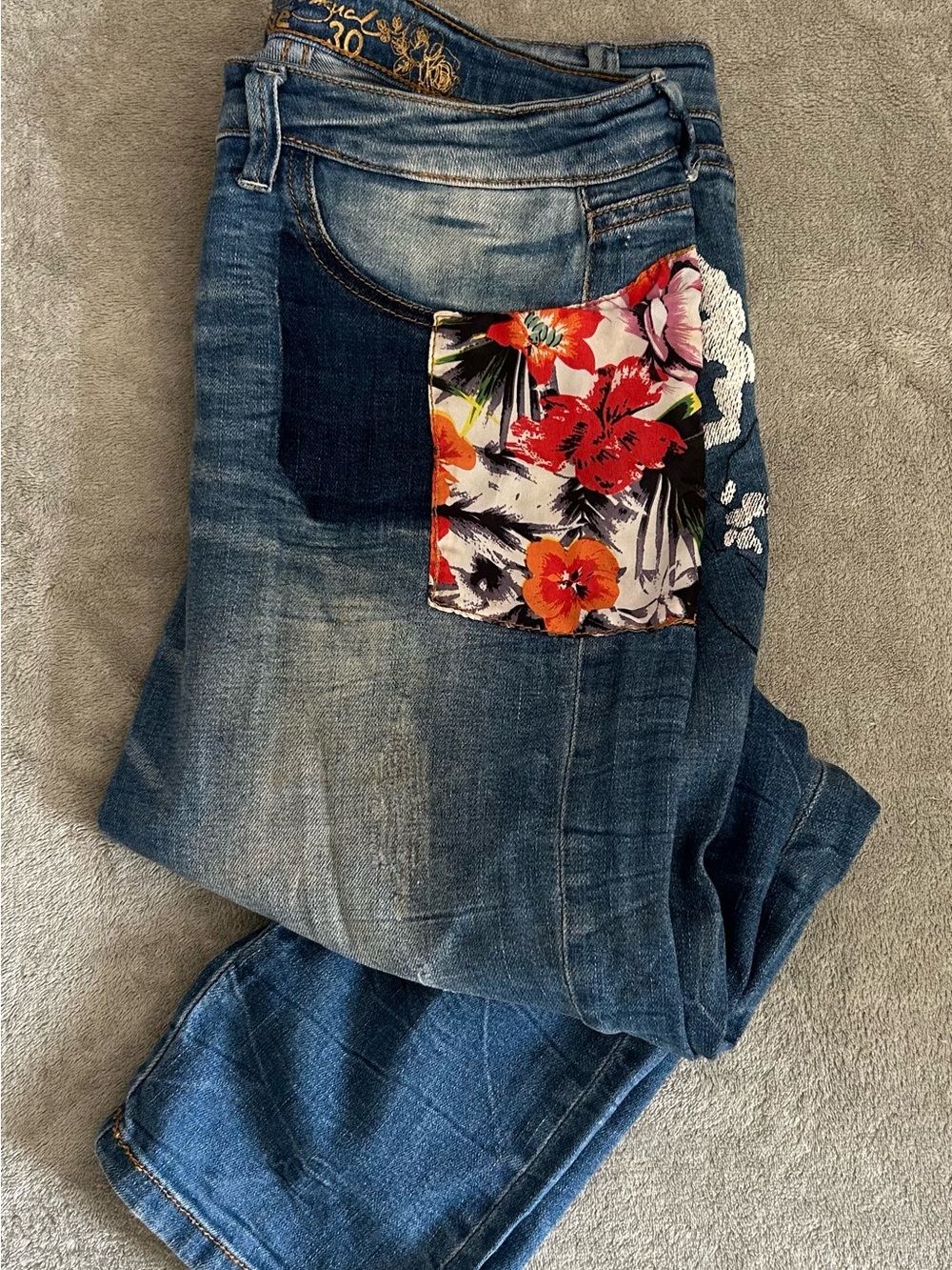 Desigual Denim Jeans with Floral Patch and painted embellishments
